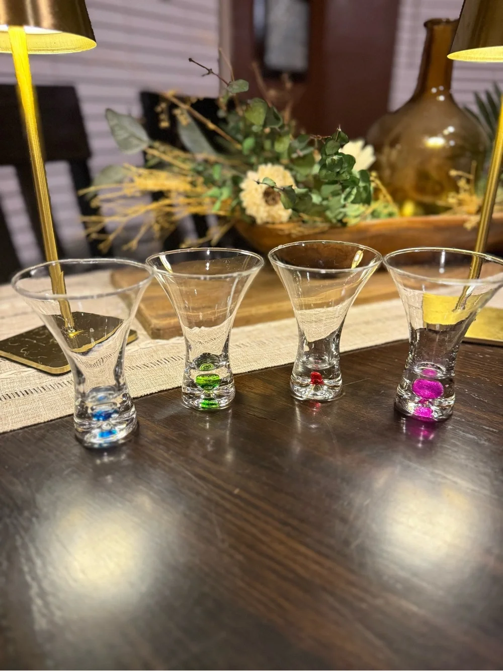 Set Of 4 Vtg Blown Multi Colored Bubble 4” Double Shot  Tall Glasses